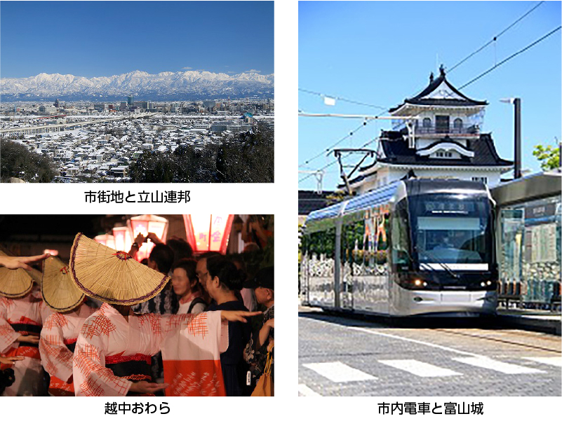 市街地と立山連峰、越中おわら、市内電車と富山城