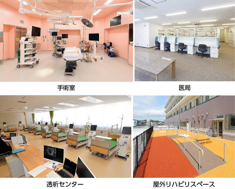 左上：手術室、右上：医局、左下：透析センター、右下：屋外リハビリスペース