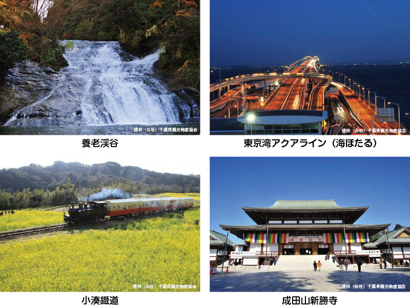 養老渓谷、東京湾アクアライン（海ほたる）、小湊鐡道、成田山新勝寺